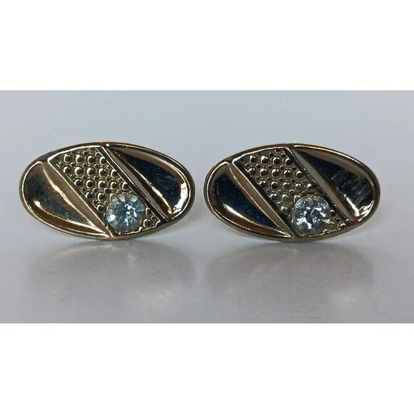 Vintage Shields MCM Mid Century Modern Oval Goldtone Rhinestone Cufflinks