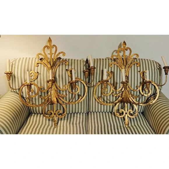 Vintage mid Century Italian Gold Gilt Large Wall Sconces
