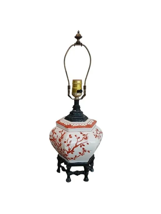 Chinoiserie Orange Blossom Porcelain Table Lamp Faux Bamboo Base 19.5