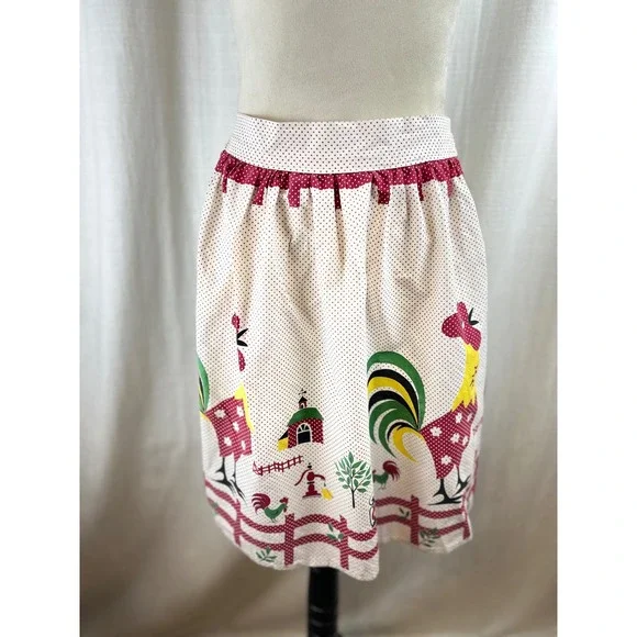 Vintage Rooster Farm Novelty Print Half Apron Red Polka Dot Country Kitchen