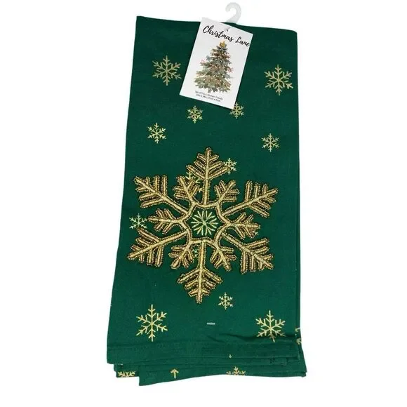 Set Of 2 Nwt Christmas Lane Gold Snowflake Beaded Kitchen Towels 20x28 Holiday