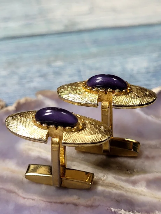 Gold Tone Cufflinks with Purple Cabochon Accent - Men's Accessories