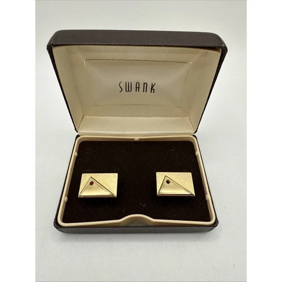 Vintage Swank‎ brushed gold-tone geometric W/ Small Red Rhinestone cufflinks