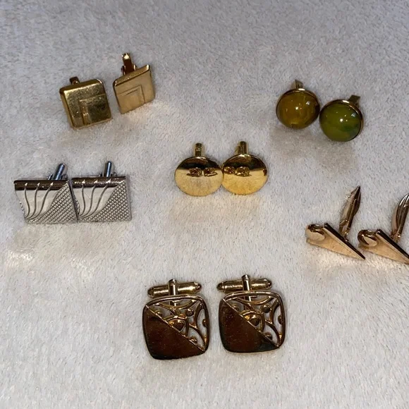 6 Pairs vintage gold tone silver tone cuff links EUC