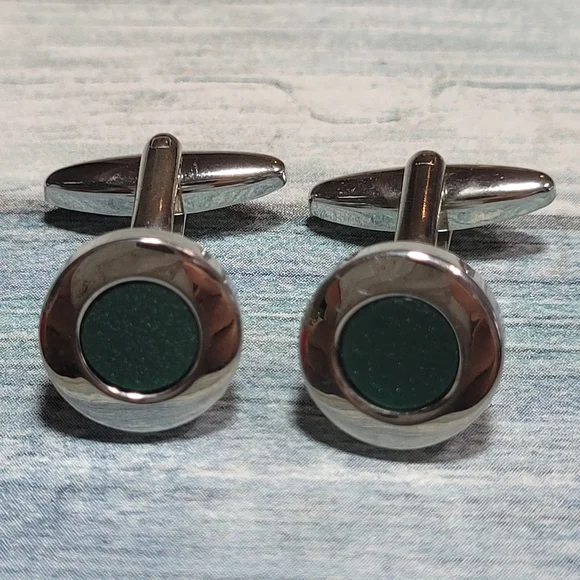 Round Green and silver Cufflinks.