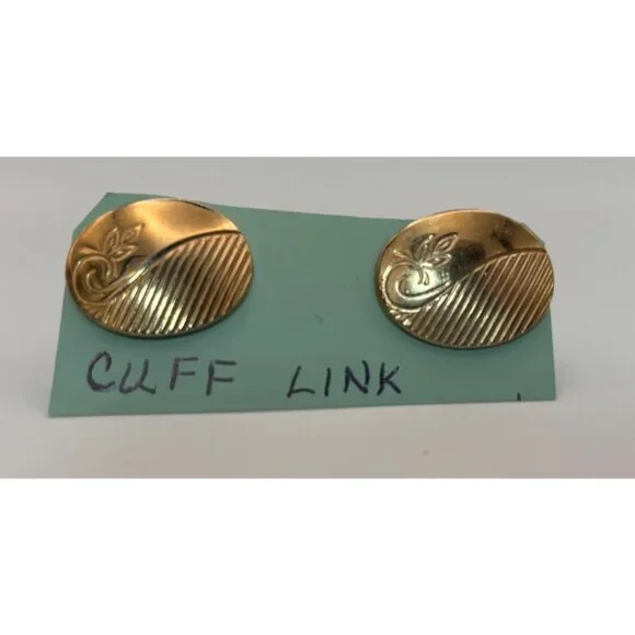Vintage Gold-Toned Oval Cufflinks With Leaf & Line Design For Men