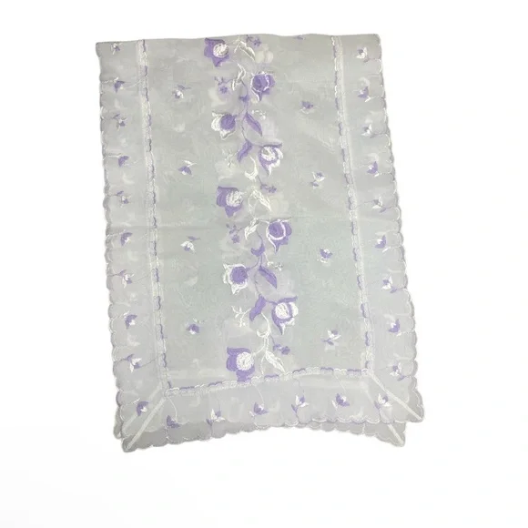 Vintage Coquet Floral Embroidered Hand Crafted Purple White Lace Table Runner