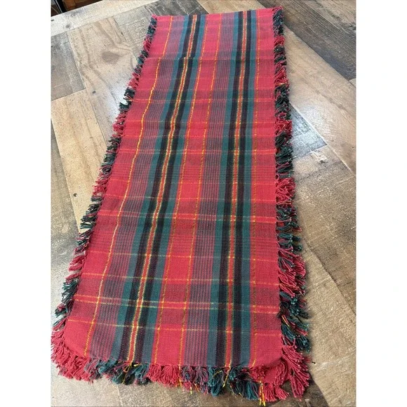 VTG Renaissance Plaid Table Runner Woven Red Green Gold Fringe Holiday Festive