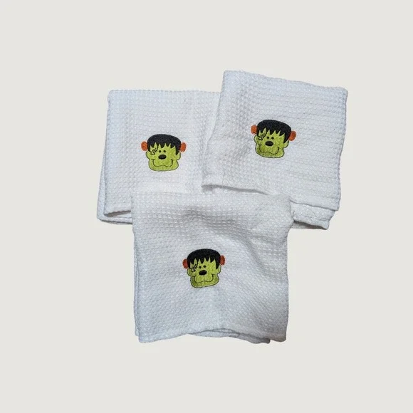 Halloween Frankenstein Waffle Weave Kitchen Towels White Embroidered Set of 3