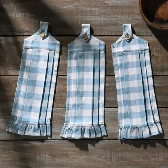 Blue White Buffalo Plaid Ruffled Tea Towel Set of 3 Button Loop Country Picnic