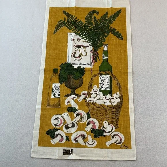 Kay Dee Handprints Linen Kitchen Towel Mushrooms Lois Long Wine Basket VTG NEW