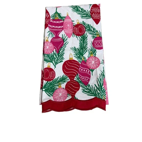 Mary Square Trim Tree Tea Towel Ornaments Pink & Red Shiny Bright 26”x18”