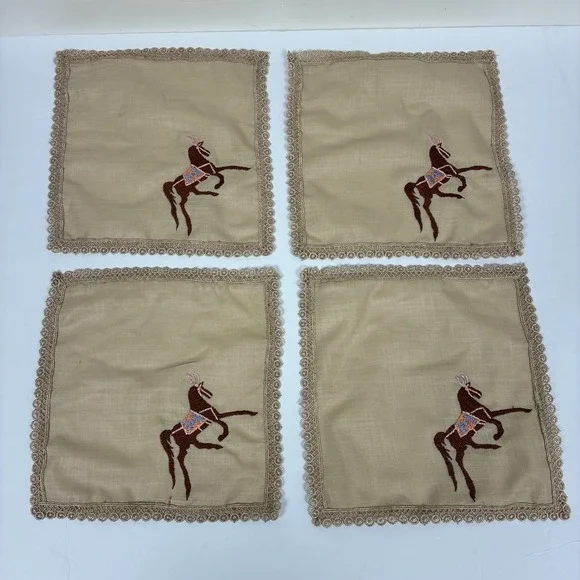 VTG Cocktail Napkins 4 Pc Hand Embroidered Horse Western Derby NEW Rare