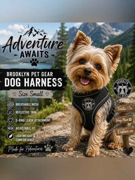 Brooklyn Pet Gear Small Black Mesh Adjustable Dog Harness Reflective Trim