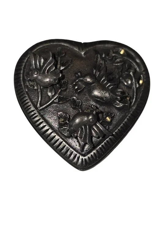 Vintage 1990s Pewter Heart Brooch Removable Bird Earrings Folk Art Pin Duette