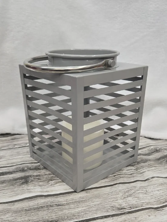 Gray Slatted Metal Lantern with Flameless Candle