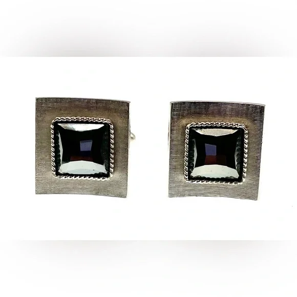 3 for $30 Vintage Textured Silver Tone Cufflinks Black Center Signed Swank
