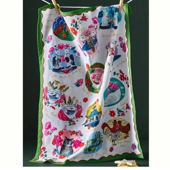 Anthropologie Emily Maude 12 days of Christmas kitchen dish towel new unused