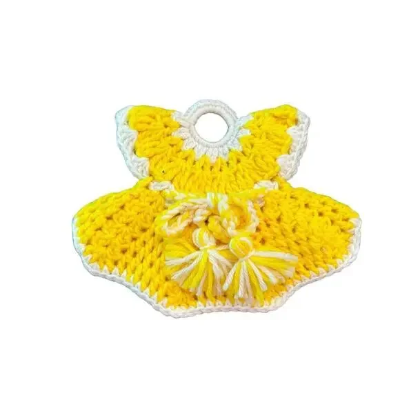Vtg Hand Knitted Crochet Hot Pad Or Pot Holder Yellow Bright Grannycore Cottage