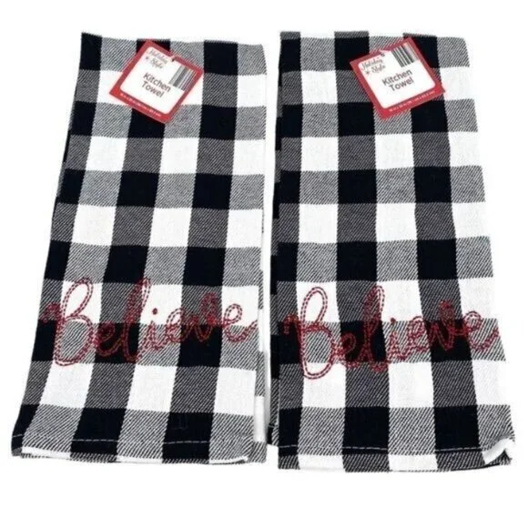 Black and White Buffalo Check Embroidered Holiday Kitchen Towel Set