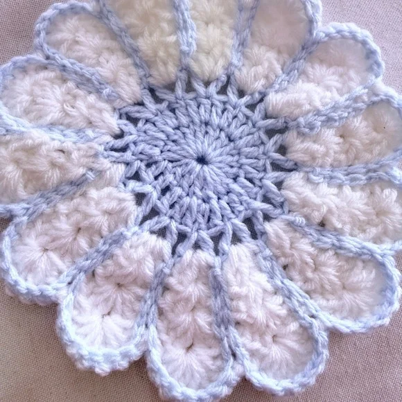Handmade Crochet Flower Doily – Blue& white Floral Decor – 7x7 Inches