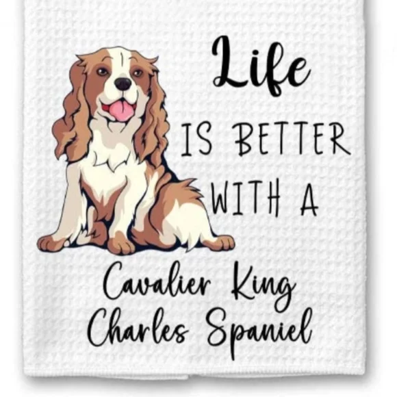 Cavalier King Charles Spaniel Dog Themed White Waffle Weave Kitchen Dish Towel