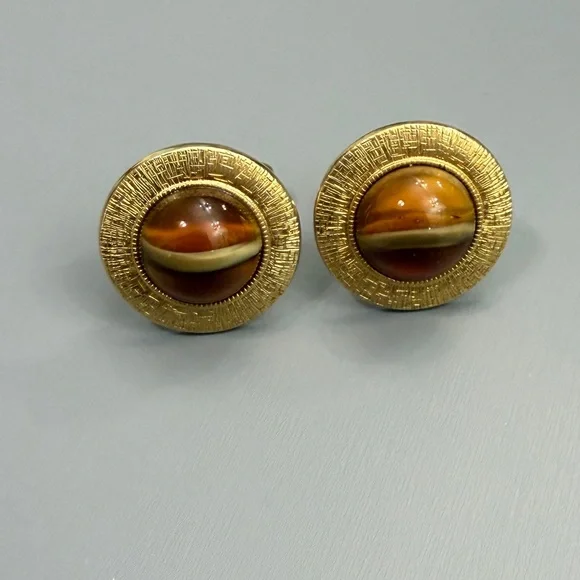 Vintage Anson Gold Saturn Greek Key Textured Cufflinks With Tiger's Eye Glass