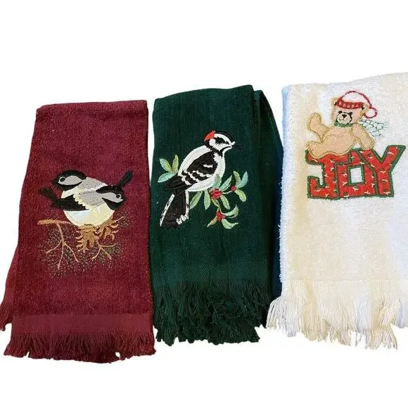 Lot Of 3 Holidays Christmas Hands/Dish Towels Birds Bear Embroidered Size Small