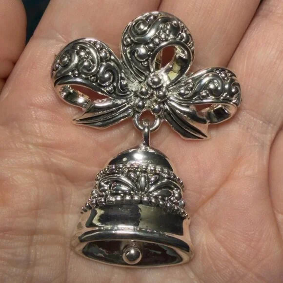 Bell Brooch Silver Tone Dangle Bow Pin Vintage Style 2 Inch