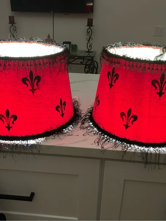 2 Red & Black Fleur-de-Lis Decorative Electrical Lamp Shades