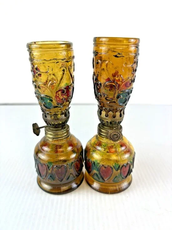 2 Vtg Multi Color Heart Stained Glass Style Oil Lamps Hong Kong 5.25