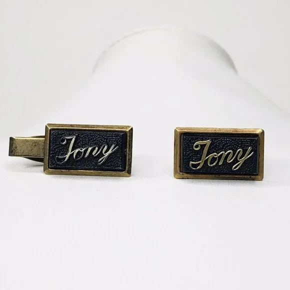 Vtg Men JONY Tie Clip & Cufflink Black Gold tone Wedding Groom Gift Rectangle