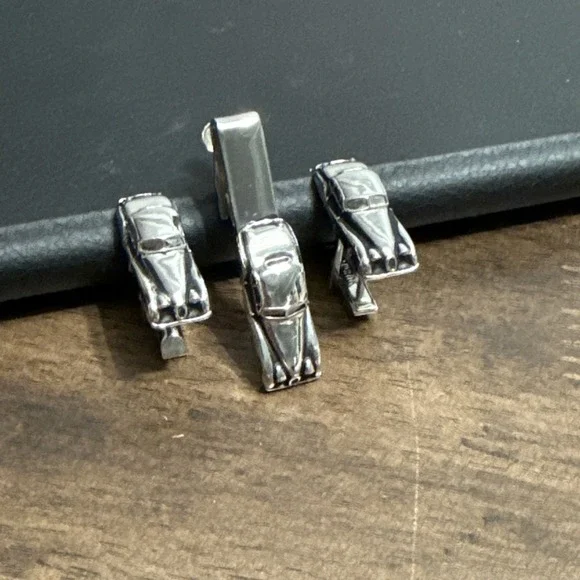 SWANK Jaguar Silver Tone Cufflinks Tie Bar Clip Mid Century Sports Car