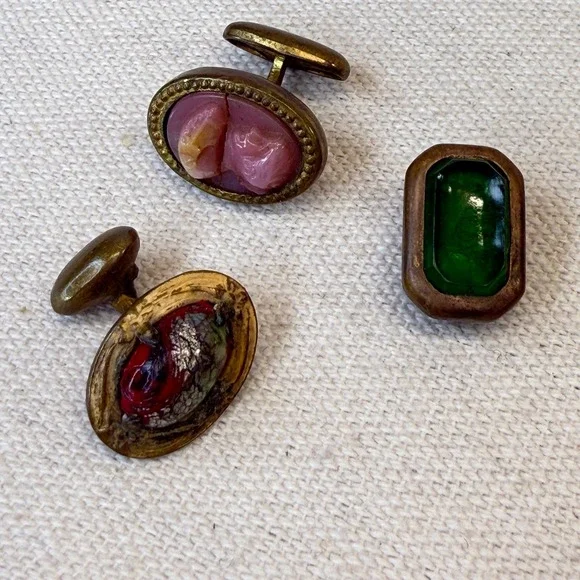 Antique Mens‎ Jewelry Lot Foil Glass & Pink Cameo Cuff Links Tie Clip