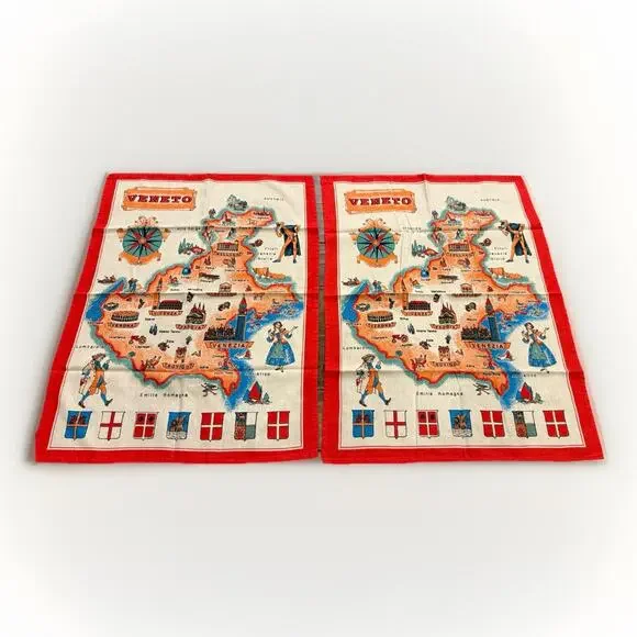 Lot Of 2 Vtg Veneto Emilia Romagna Map Cities Cotton Kitchen Tea Towel 23