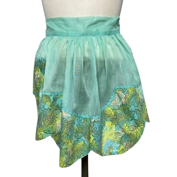 Vintage Half Apron Hostess Scalloped Hem Women Leaf Sheer Retro 1950s Tie Bow