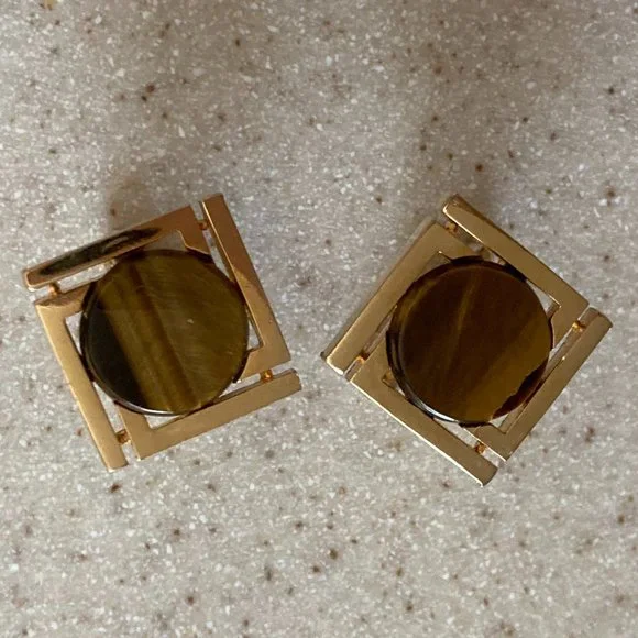 Cuff Links Gold Tone Tiger Eye Vintage