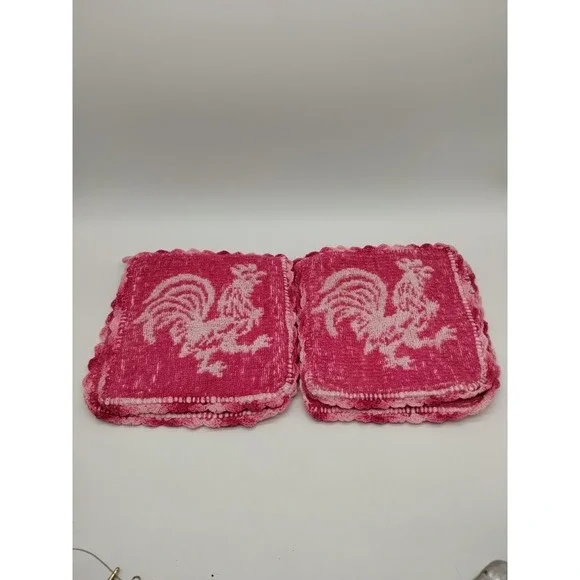 2 Vintage Terry Cloth Pot Holders Hot Pads Kitchen Pink Rooster Crocheted Edge