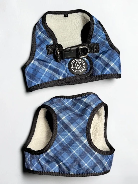 AKC Small Blue Plaid Sherpa Fleece Lined Dog Harness