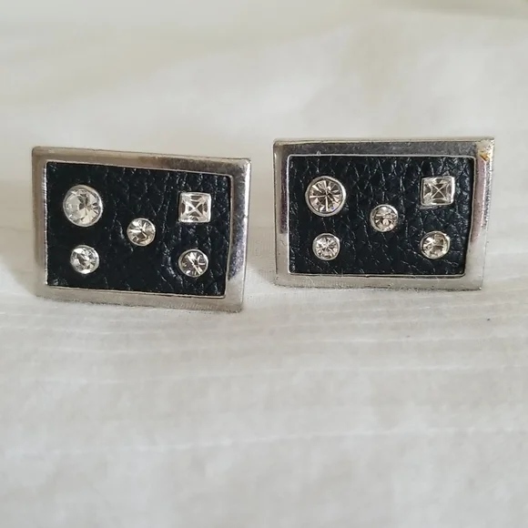 Mens Black Silver Rhinestone Rectangle Cuflinks
