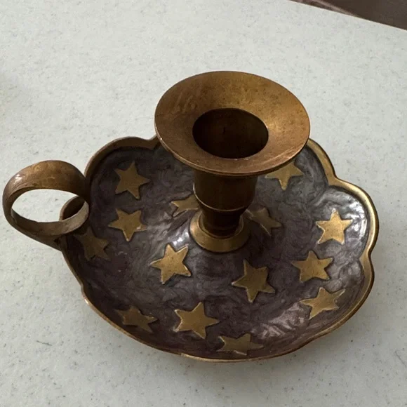 Solid Brass Candle Holder with Enamel and Star Details from Germany