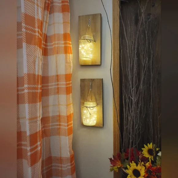 Wooden rustic jar fairy light sconce decor set x2 battery powered