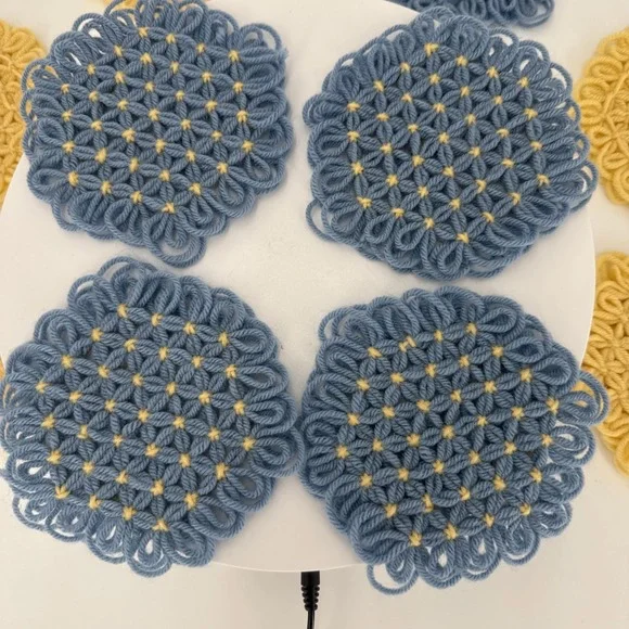 Vtg Handmade Loom Crochet Coasters-4 Blue/Yellow-1 Blue-4 Yellow-1 Yellow/White‎