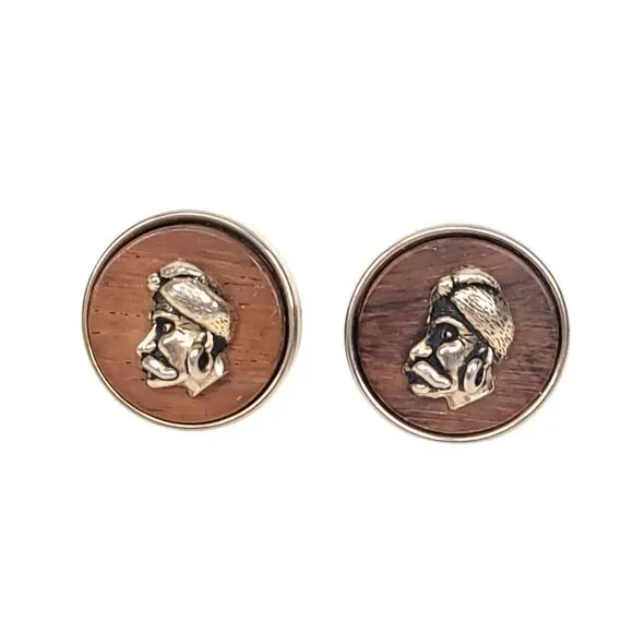 Swank Cuff Links Vintage Gold Tone Large Round Wood Grain Indian Gypsy Head