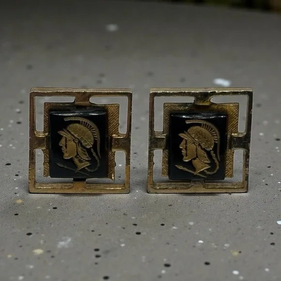 Vintage Cufflinks Roman Trojan Greek‎ Soldier Gold Tone Black Center Open Frame