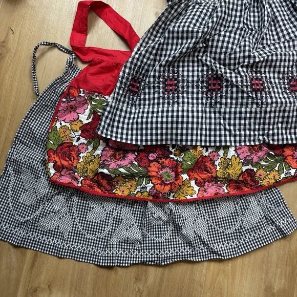Vintage Handmade Kitchen Apron Lot (3) Cloth Hand stitched Floral Cross Stitch