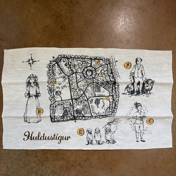 Huldustigur Hidden Trail Iceland Nordic Folklore Linen Tea Towel Cloth Map 26x16
