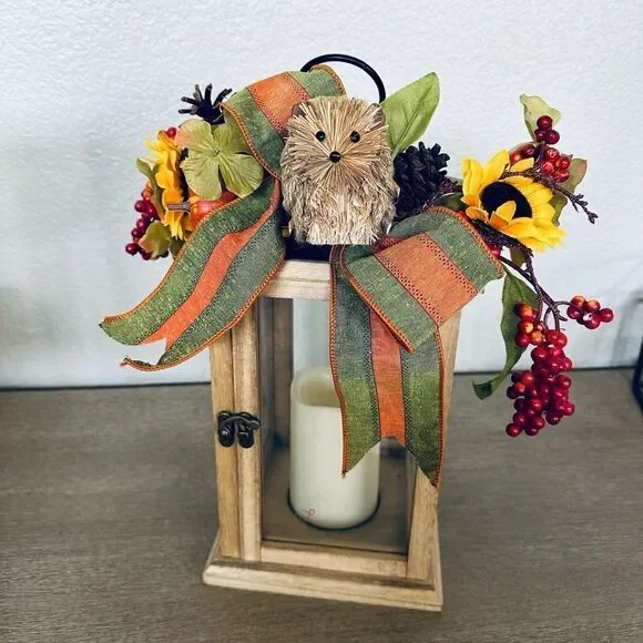 Fall Autumn Woodland Hedgehog Floral Battery Candle Lantern Decor