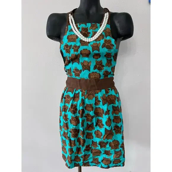 Owls Apron‎ Sz L Teal/Brown Faux Pearls 133194 Vintage 50s 60s Preppy