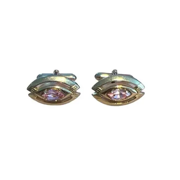 Vintage Swank Goldtone Eye Shape Pink Stone Cufflinks